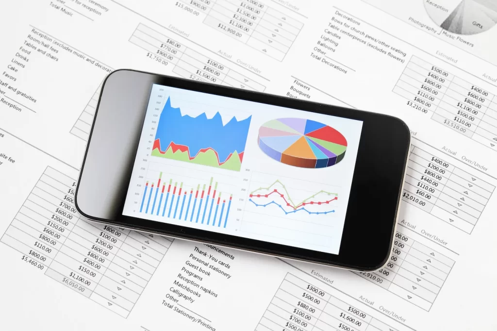 Smartphone con gráficas sobre papeles, representando éxito en resultados Google Ads